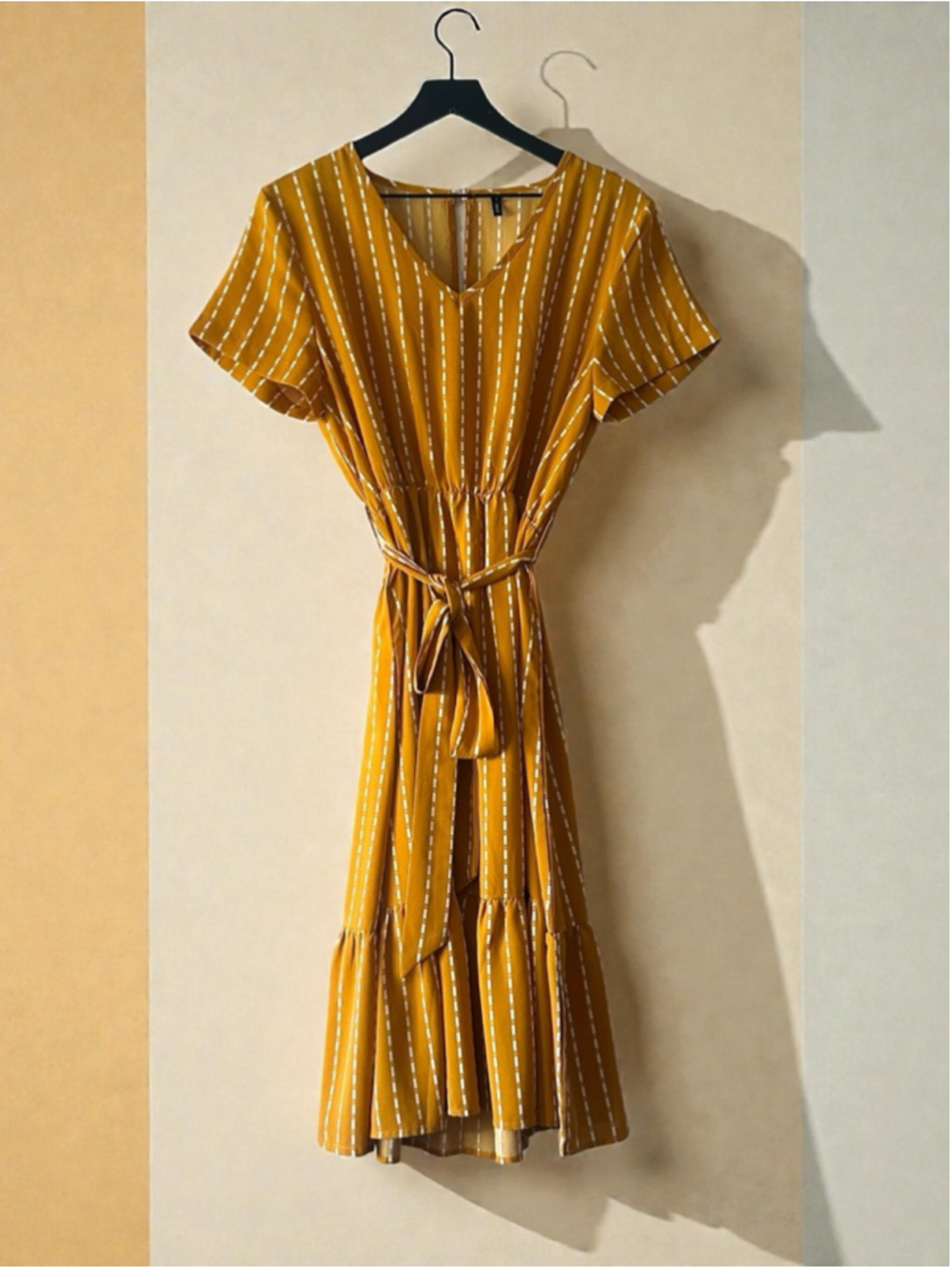 Brovave Mustard Striped Tie Waist Midi Dress Size L